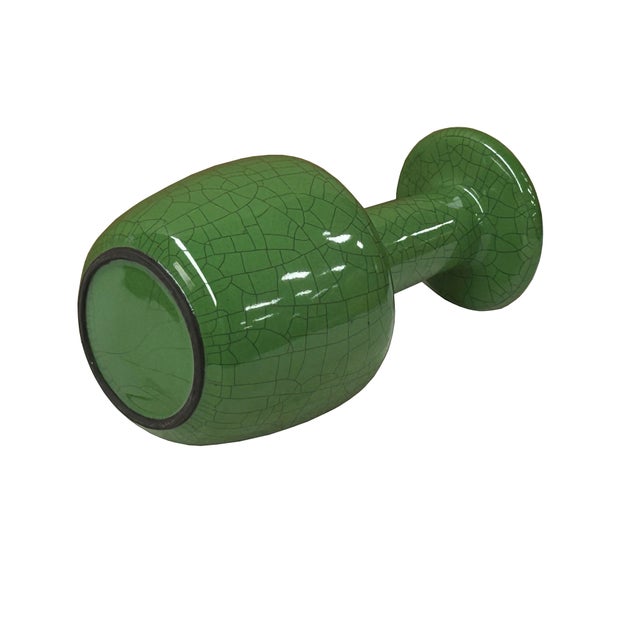 Art Deco Orient Crackle Pattern Verdant Green Color Pottery Ceramic Vase For Sale - Image 3 of 7