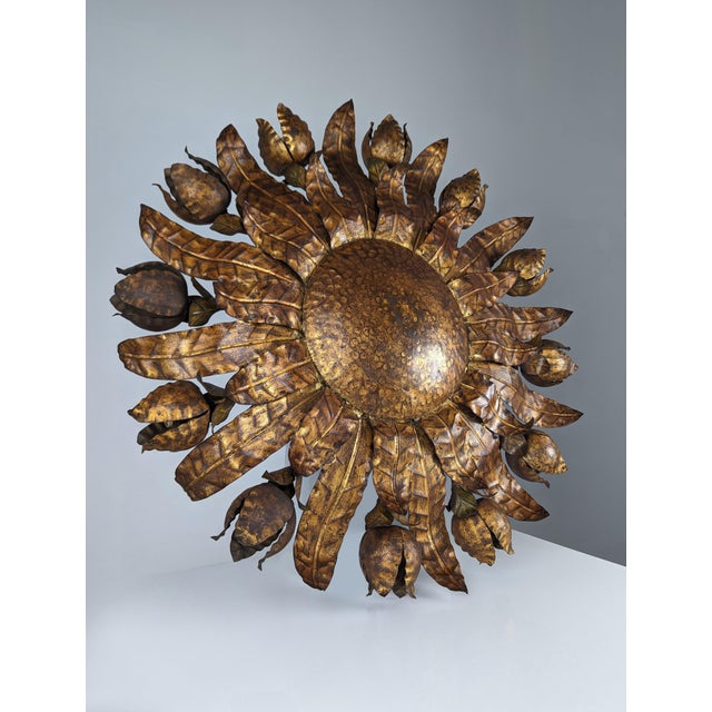 1950s Large Mid-Century Gilt Metal Sunburst Ceiling Lamp with Floral Motif, 1950s For Sale - Image 5 of 14