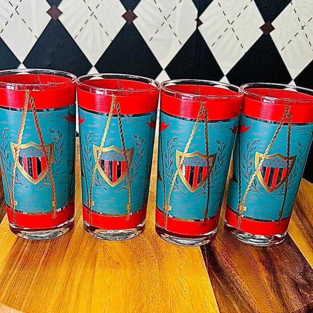 1960s Americana Gold Eagle Regimental Drum Highball Glasses 22k Vintage Set of 4 For Sale - Image 4 of 11
