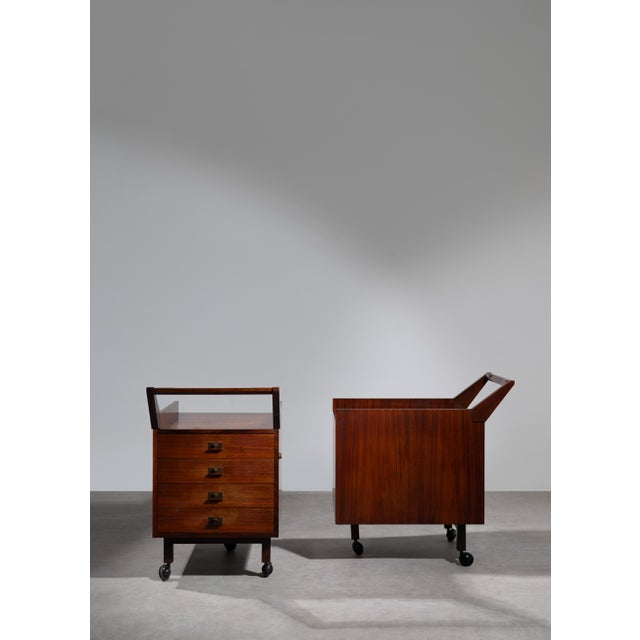 Rare set of 2 trolleys by Franco Albini and Franca Helg. Prod. Poggi, Italia, 1958. Trolley with wooden frame and brass...