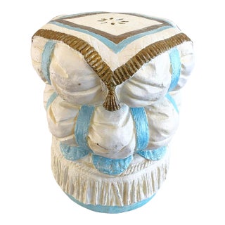 Vintage Hollywood Regency Style Fiberglass Puffy Stacked Pillow Garden Stool With Tassel, Rope and Fringe Detials For Sale