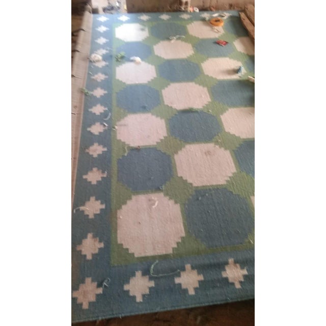 Handmade Woolen Flat Weave Swedish Pattern Blue, Cream and Moss Green Area Tile Rug - 8'x10' For Sale - Image 9 of 13