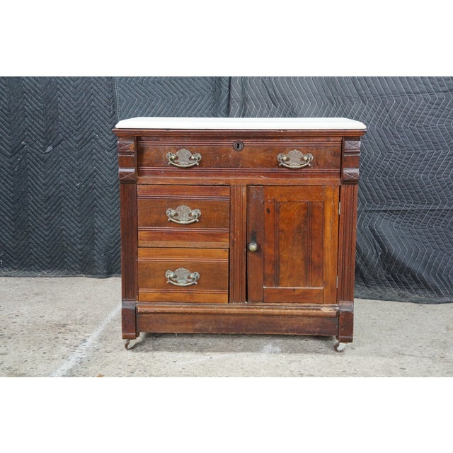 Antique Victorian Eastlake Walnut Burl Marble Washstand Chest Cabinet Stand For Sale - Image 6 of 18