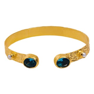 Cleopatra Blue Topaz & Pearl Adjustable Gold Cuff Bracelet For Sale