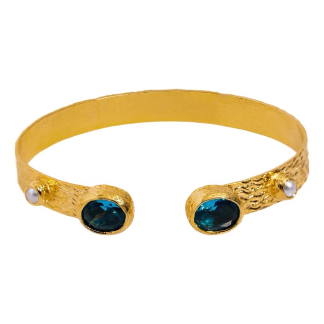 Cleopatra Blue Topaz & Pearl Adjustable Gold Cuff Bracelet For Sale
