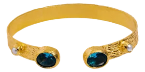 Cleopatra Blue Topaz & Pearl Adjustable Gold Cuff Bracelet