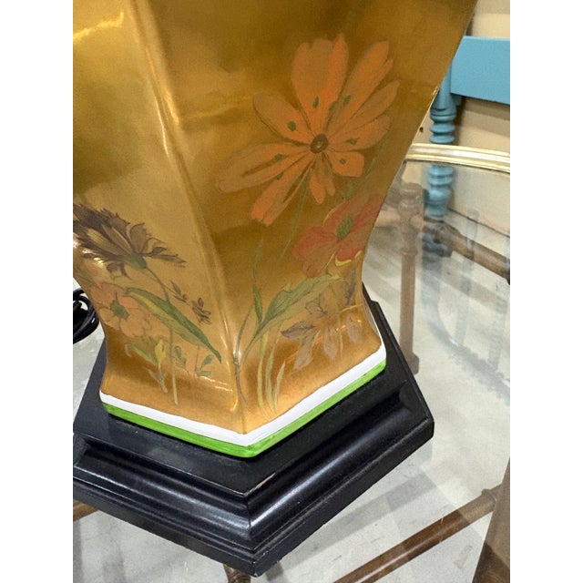 Morris Greenspan 1970s Morris Greenspan Gold Porcelain Floral Hand-Painted Lamps - a Pair For Sale - Image 4 of 6