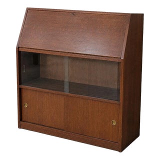 Mid-Century Tiger Oak Glass Bureau, 1960s For Sale
