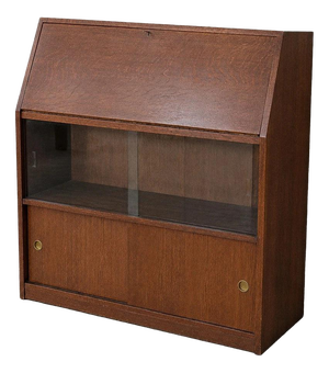 Mid-Century Tiger Oak Glass Bureau, 1960s