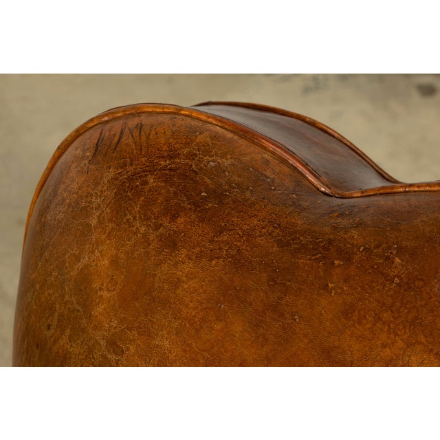 1930s French Art Deco Scalloped Back Cognac Leather Club Chairs, Pair For Sale - Image 4 of 18