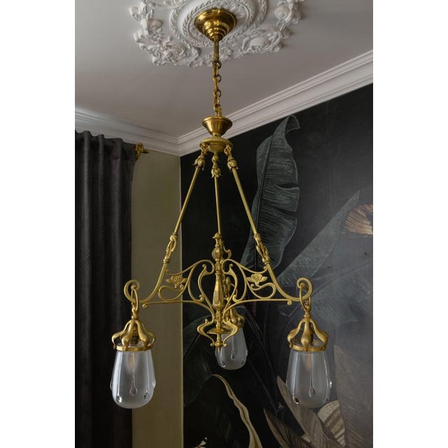 French Art Nouveau Brass and Frosted Glass Three-Light Chandelier, circa 1920 For Sale - Image 12 of 18