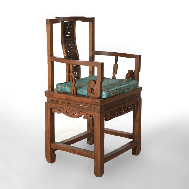 Pair of Chinese Carved Hardwood Throne Armchairs With Silk Cushions Mid-20th Century For Sale - Image 6 of 12