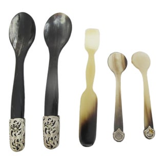 Vintage Natural Horn Sterling Silver Floral Mounted Caviar Serving Spoon Set of 5 For Sale