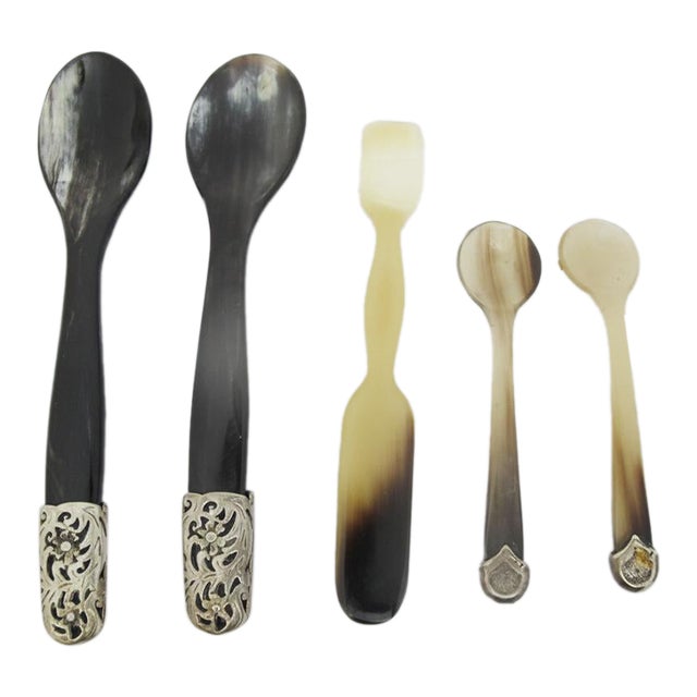 Vintage Natural Horn Sterling Silver Floral Mounted Caviar Serving Spoon Set of 5 For Sale