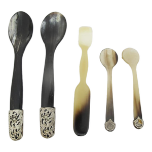 Vintage Natural Horn Sterling Silver Floral Mounted Caviar Serving Spoon Set of 5