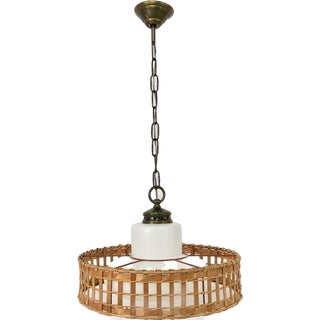 Vintage Wicker and Brass Pendant Lamp, 1970s For Sale