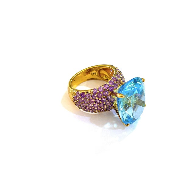 Bochic "Orient" Vintage Blue Topaz & Pink Sapphire Cocktail Ring 18K Gold & Silver, Size 7 For Sale - Image 17 of 18