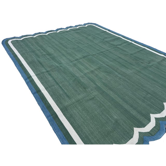 Mid-Century Modern Handmade Cotton Flat Weave Area Rug, Forest Green and Teal Blue Scalloped Dhurrie - 10'x14' For Sale - Image 3 of 11
