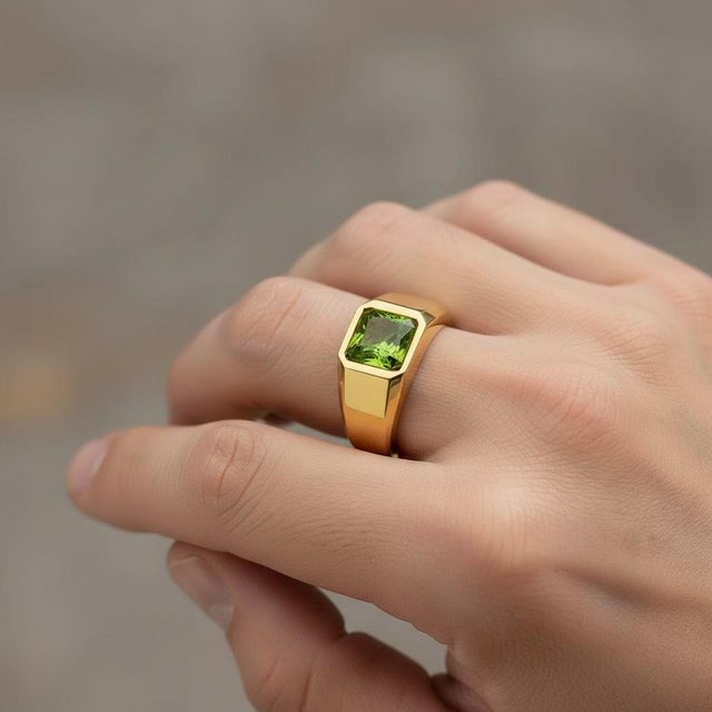 Signet Ring With Peridot for Men Silver, Gold, Size 10 For Sale - Image 6 of 6