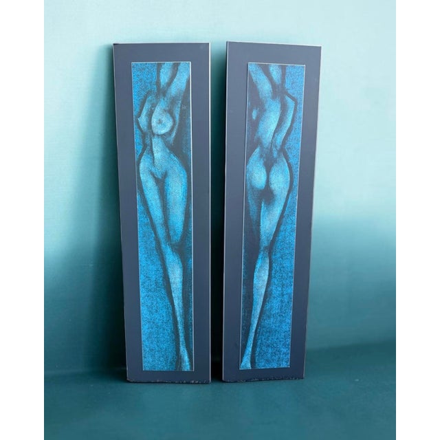 Mid-century figure studies, printed board. Just over five feet. Pair of tall vertical nude studies in cerulean and slate —...