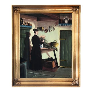 Vintage Original Cottage Oil Painting: Framed Interior Flower Art - Unsigned Artist For Sale