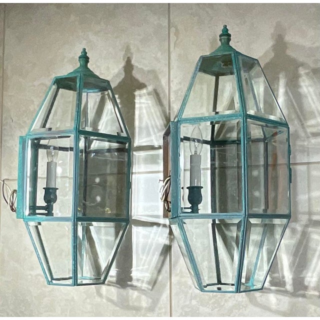 Exquisite Pair of Vintage Solid Brass Hexagonal Wall Lanterns For Sale - Image 12 of 17