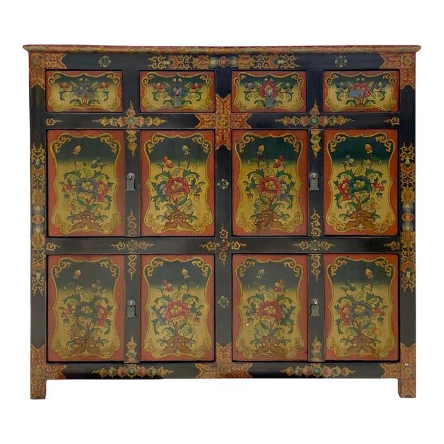 Chinese Tibetan Orange Yellow Flower Graphic Storage Cabinet For Sale