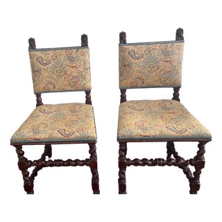 Late 19th Century Pair (2) Carved Oak Lion Heads Twisted Legs Modern Upholstery English Jacobean Revival Side Chairs For Sale