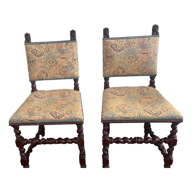 Late 19th Century Pair (2) Carved Oak Lion Heads Twisted Legs Modern Upholstery English Jacobean Revival Side Chairs For Sale