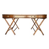 Vintage Campaign Distressed Leather Top Bamboo Executive Desk by Drexel Heritage For Sale