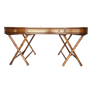 Vintage Campaign Distressed Leather Top Bamboo Executive Desk by Drexel Heritage For Sale