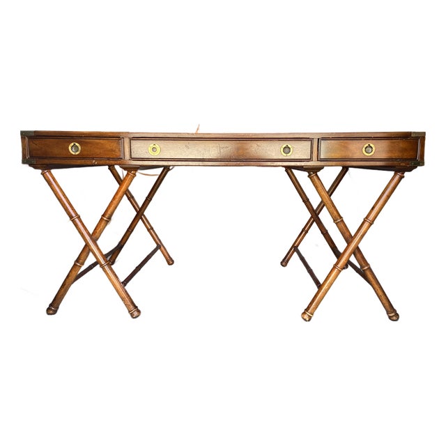 Vintage Campaign Distressed Leather Top Bamboo Executive Desk by Drexel Heritage For Sale