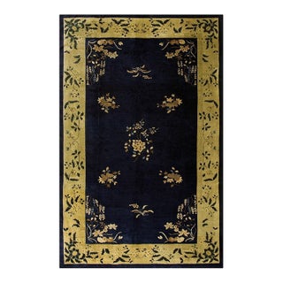 1920s Navy Blue Minimalist Floral Antique Chinese Peking Wool Rug 9' 2" X 14' 1" For Sale