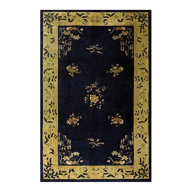 1920s Navy Blue Minimalist Floral Antique Chinese Peking Wool Rug 9' 2" X 14' 1" For Sale