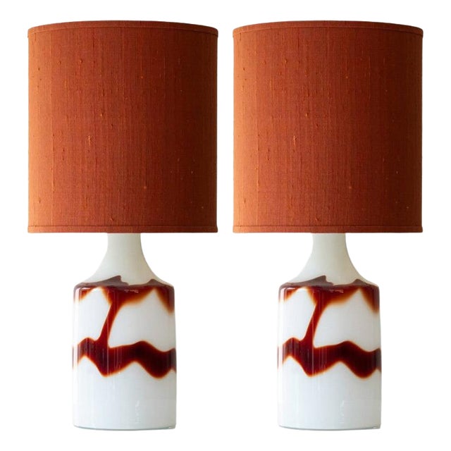 Opaline and Ox Blood Red Glass Table Lamps from Holmegaard with Lampshades attributed to Houben, 1970s, Set of 2 For Sale