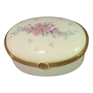 Late 20th Century Lenox Porcelain Hand Painted Floral Romantic Pink Roses Hinged Oval Trinket Box For Sale