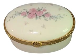 Late 20th Century Lenox Porcelain Hand Painted Floral Romantic Pink Roses Hinged Oval Trinket Box