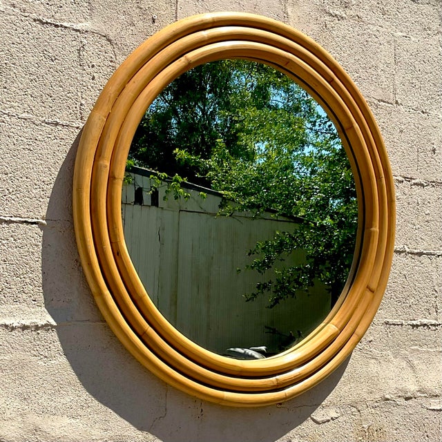 Mid 20th Century Vintage Coastal Stacked Rattan Round Mirror For Sale - Image 5 of 5