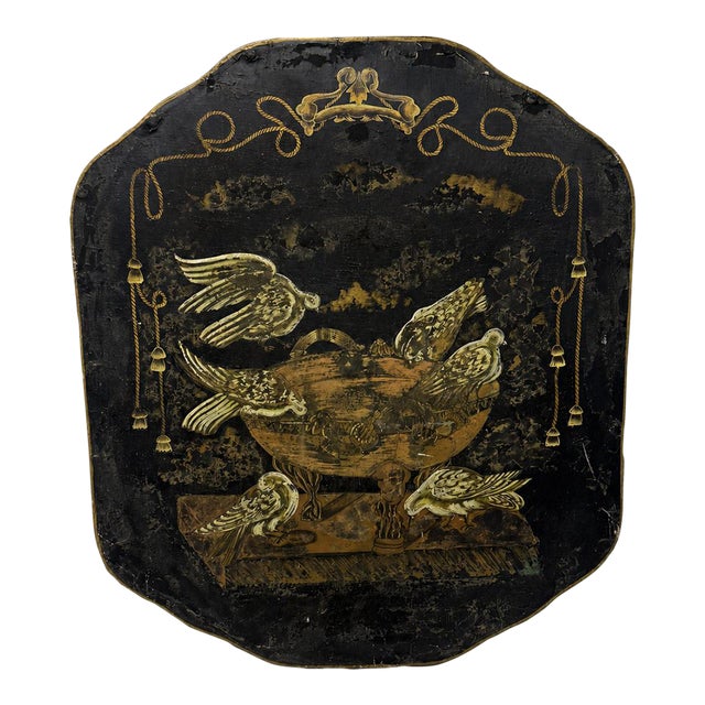 Regency Painted and Gilt Tôle Fire Screen W/ Doves and Classical Brazier, 19th C For Sale