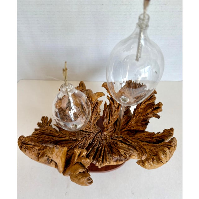 1970s Organic Modern Burl Wood Sculptural Double Oil Lamp Centerpiece For Sale - Image 4 of 11