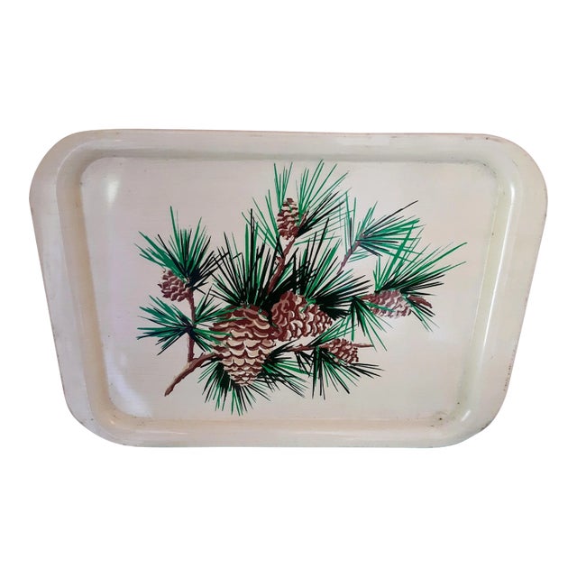 Vintage Metal Enamel Winter Pinecone Pine Tree Tray For Sale