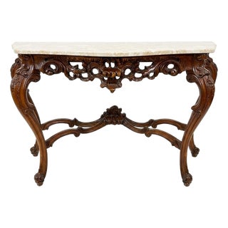 Rococo Style Marble Top Carved Walnut Console Table For Sale