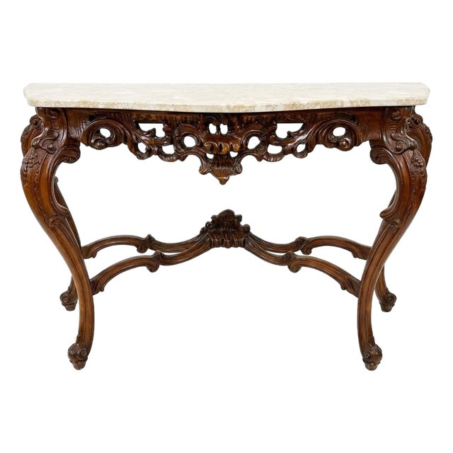 Rococo Style Marble Top Carved Walnut Console Table For Sale