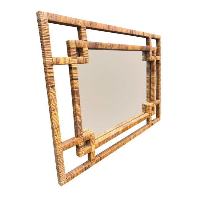 Wood Vintage Large Rattan Wicker Wrapped Wall Mirror in Chippendale Chinoiserie Style For Sale - Image 7 of 10