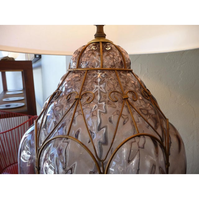 Mid-Century Modern Mid-Century Dusty Rose Glass & Brass Table Lamps - a Pair For Sale - Image 3 of 6