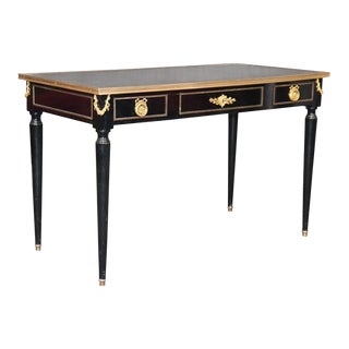 1940s Signed French Directoire Style Ebonized Bronze Mounted Bureau Plat Desk For Sale