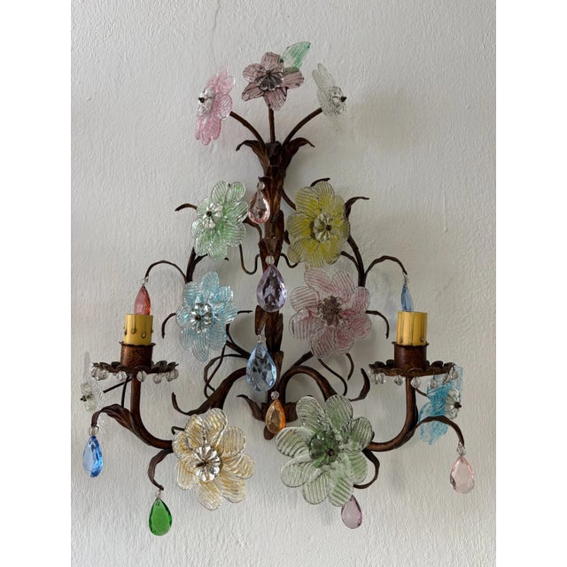 Blue Italian Murano Multicolor Prisms Flowers Gilt Metal Sconces, C 1930 For Sale - Image 8 of 15