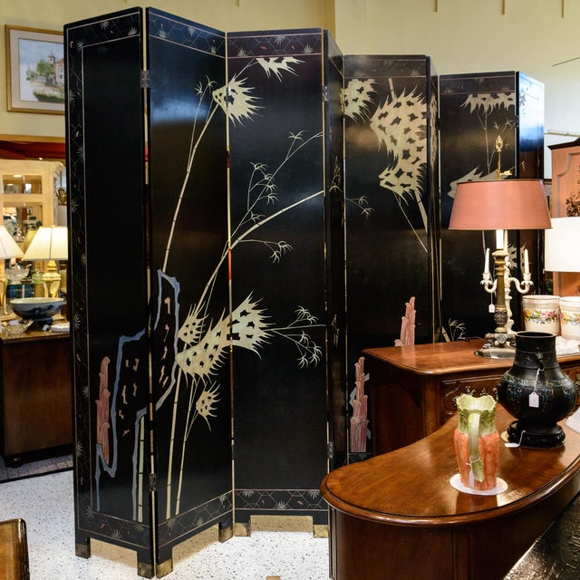 Chinese Eight Panel Black Oriental Screen For Sale - Image 3 of 10