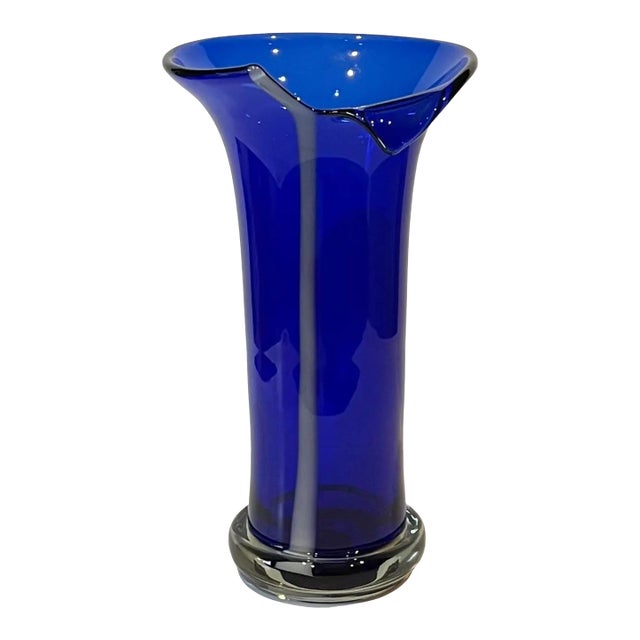 Cobalt Cylindrical Asymmetric Lipped Art Glass Vase For Sale