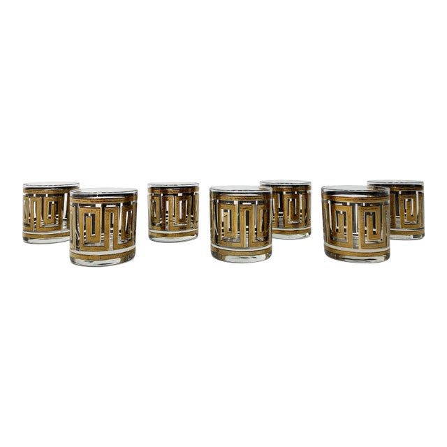 Vintage Culver LTD 22k Greek Key Old Fashioned Glasses, Set of 7 For Sale